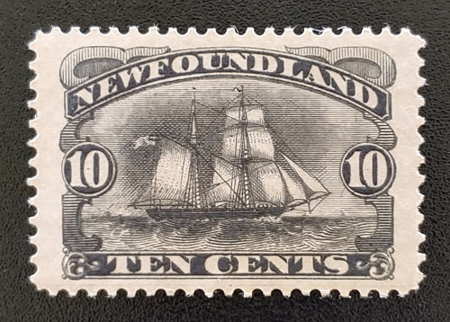 Newfoundland #59 VF Mint 1897 10c Schooner guideline at foot