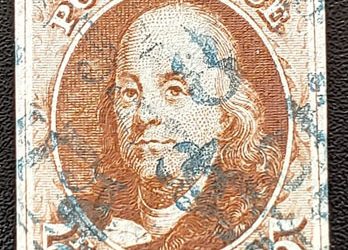 U.S.A. #1 Fine blue cancel Used 1847 5c Franklin