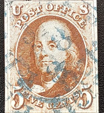 U.S.A. #1 Fine blue cancel Used 1847 5c Franklin