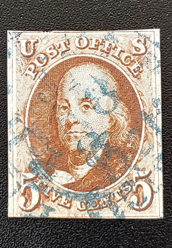 U.S.A. #1 Fine blue cancel Used 1847 5c Franklin US$350