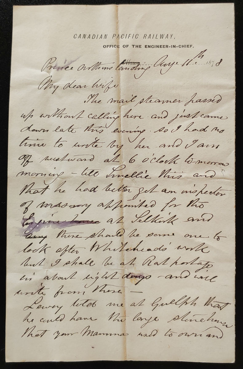 C.P.R. Office of the Engineer in Chief 11 Au 1878 Marcus Smith letter
