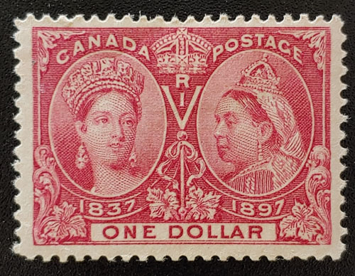 Canada #61 F/VF Mint HR 1897 $1 Jubilee, trifle album offset $750