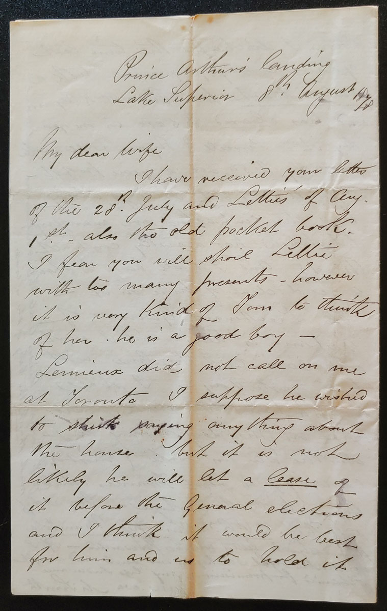 Prince Arthur's Landing Lk Superior 8 Au 1878 Marcus Smith letter
