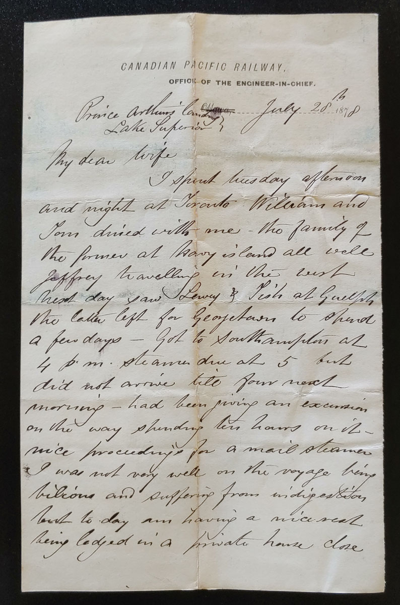 C.P.R. Office Engineer in Chief 28 Jl 1878 Marcus Smith letter to wife