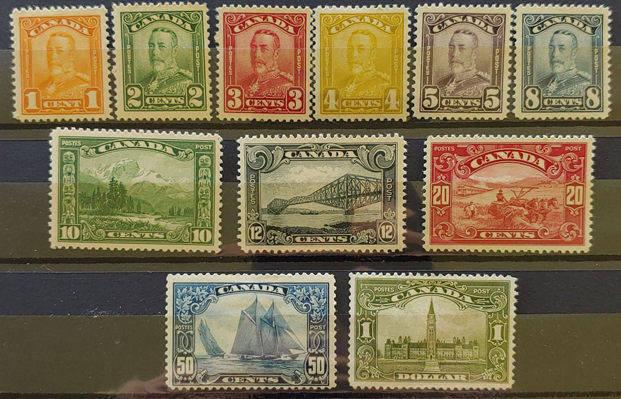 Canada #149-159 gen VF Mint 1928/29 Scroll Set, $1 thin $1031 (11)