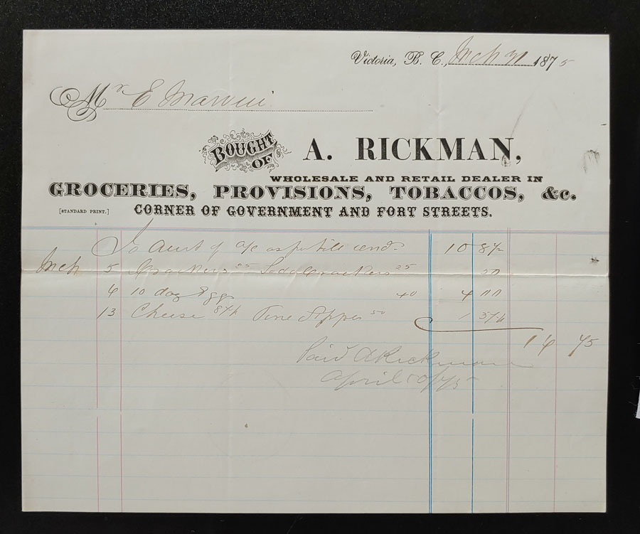 Victoria, B.C. 31 Mar 1875 A. Rickman Invoice to E. Marvin ex Wellburn