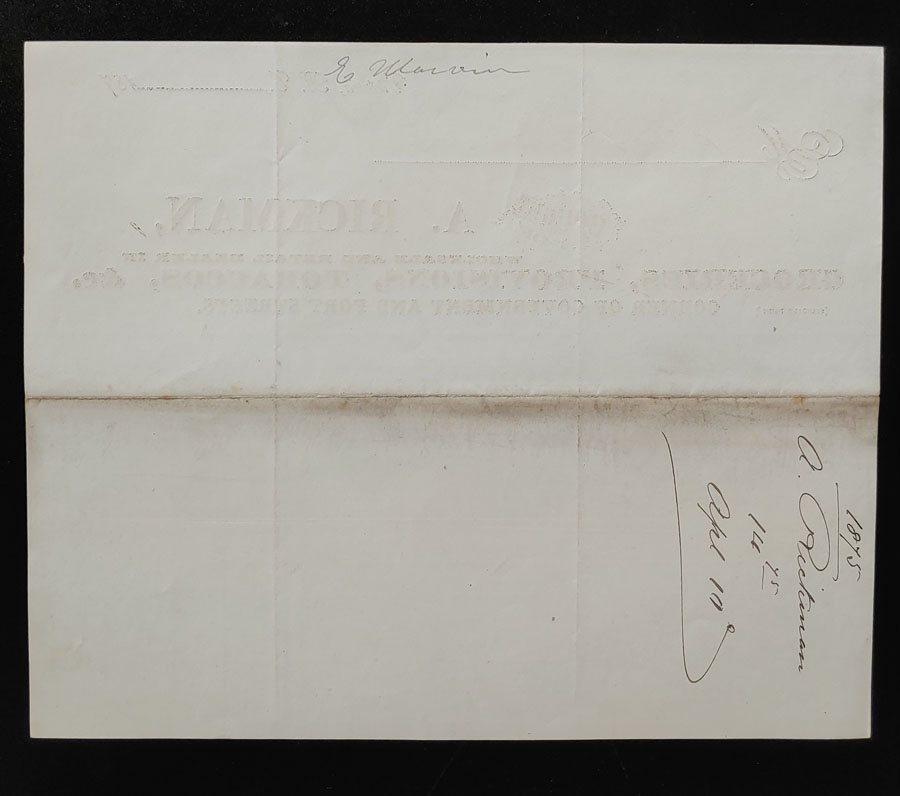 Victoria, B.C. 31 Mar 1875 A. Rickman Invoice to E. Marvin ex Wellburn