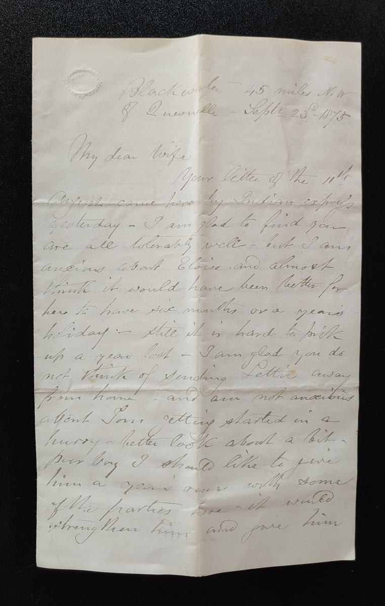 Blackwater 45 Miles NW of Quesnelle 23 Sep 1875 Marcus Smith letter