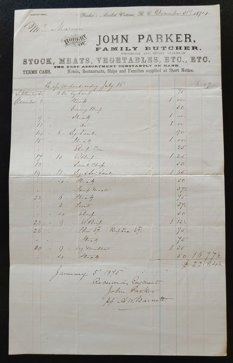 Parker's Market Victoria, B.C. 31 De 1874 Butcher's invoice, ex Wellburn