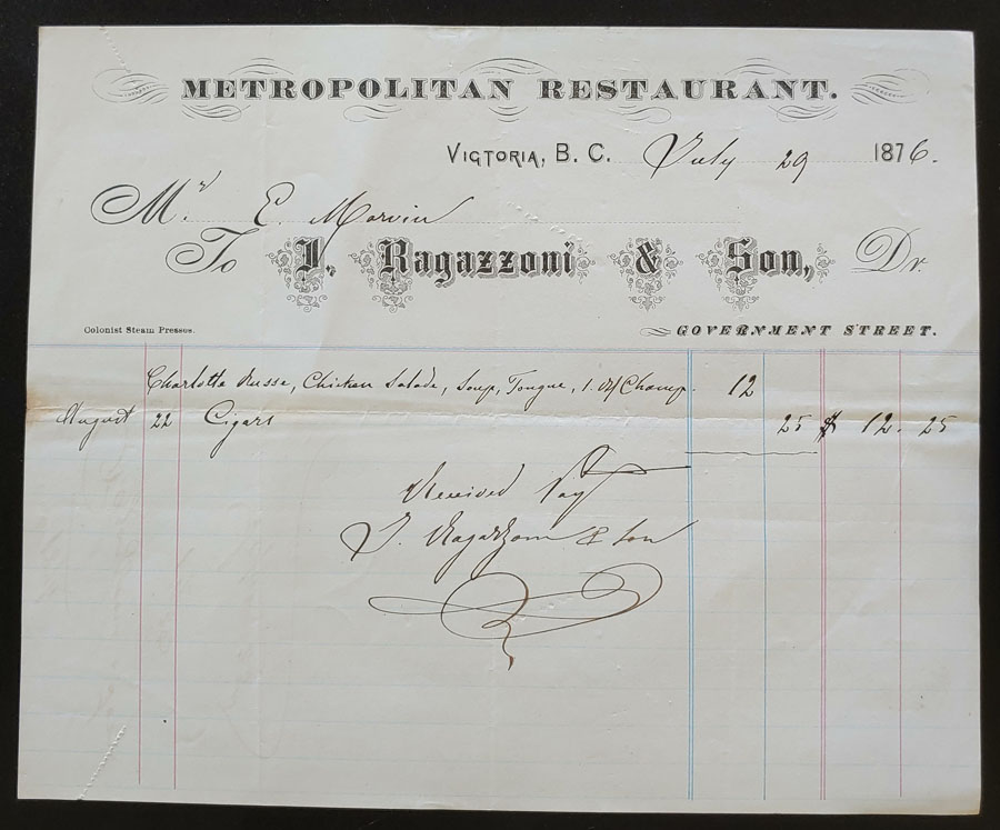 Victoria, B.C. 29 Jl 1876 Metropolitan Restaurant invoice, ex Wellburn