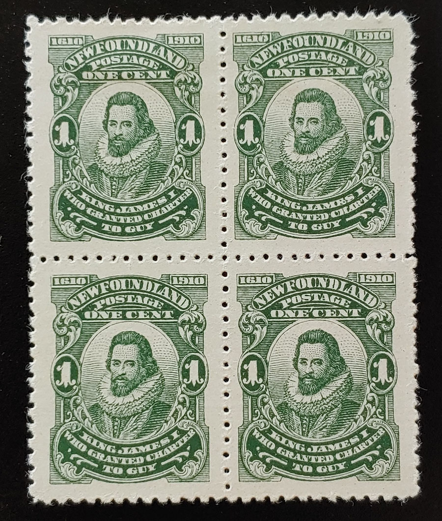 Newfoundland #87ix, xii, xiv VF Mint 2 NH 1c Variety Block $445. (4)