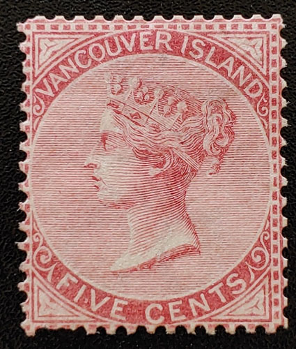 Vancouver Island #5 Fine Used 1865 5c Rose, sml flaws $400