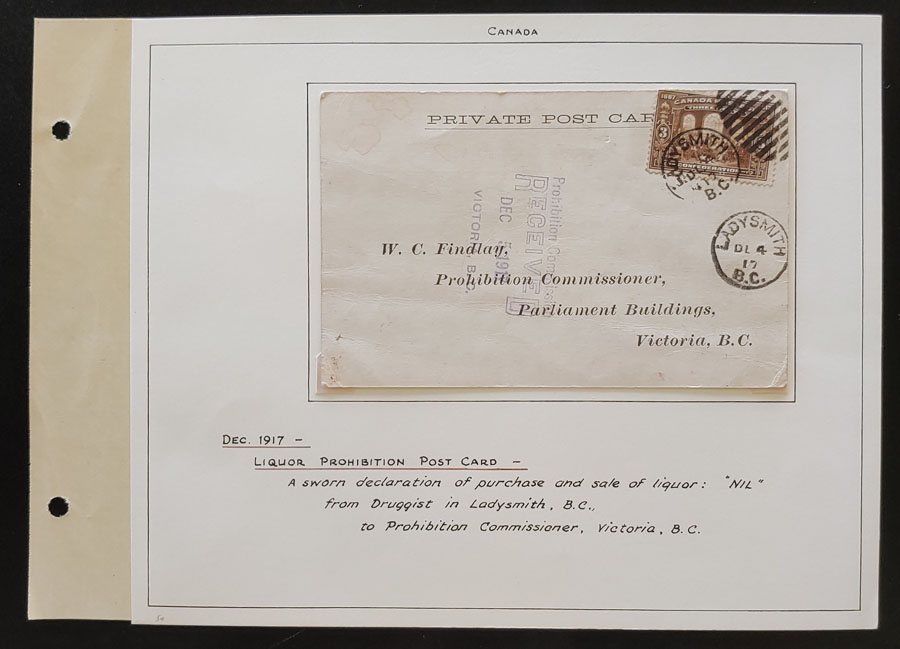Ladysmith, B.C. 4 De 1917 3c Liquor Prohibition Post Card ex Wellburn