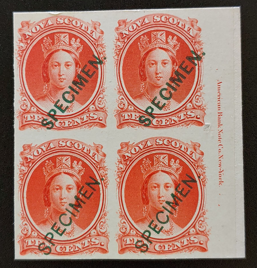Nova Scotia #12TCxi 10c Plate Proof Specimen Inscription Block $480