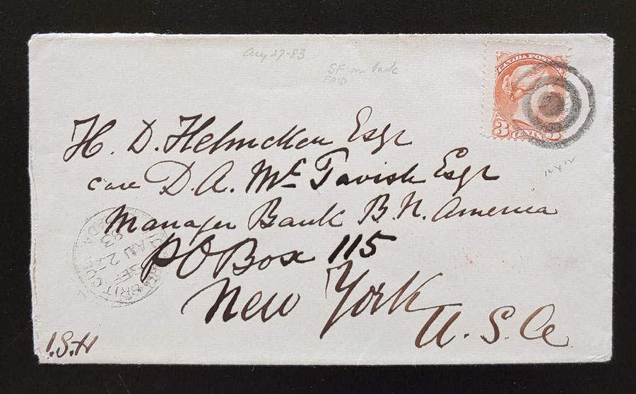 Victoria, B.C. 27 Au 1883 3c SQ Helmcken Cover N.Y. ex Wellburn