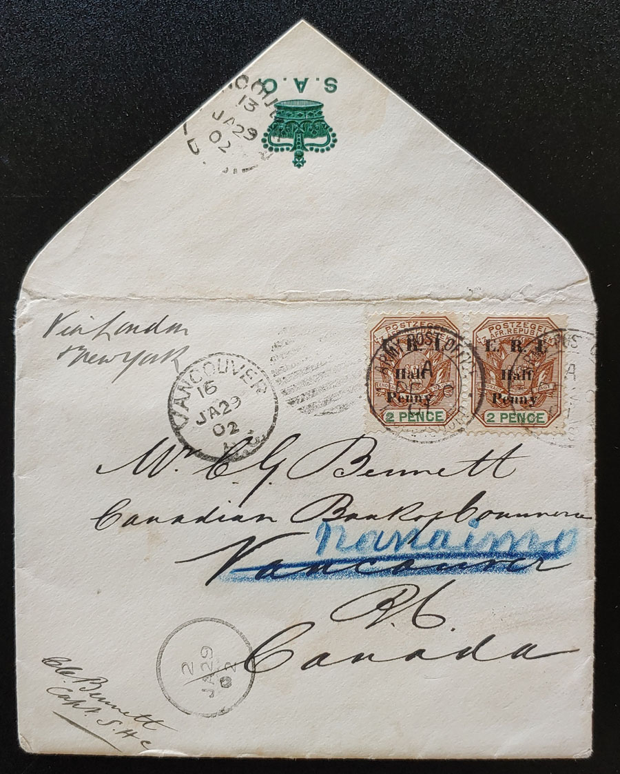 Boer War 12/20 Dec 1901 S.A.C. 4d readdressed B.C. Cover & contents
