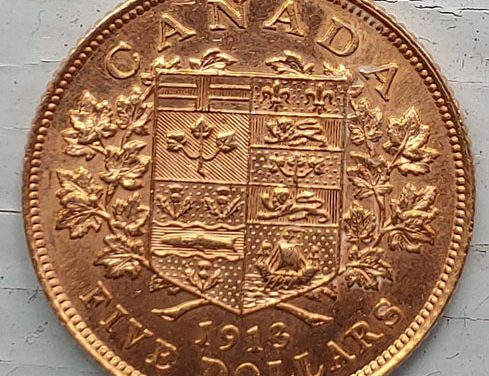 Canada Unc 1913 Gold 5 Dollars .2419oz AGW