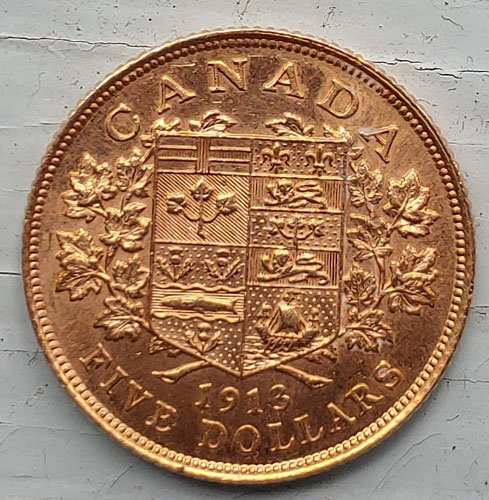 Canada Unc 1913 Gold 5 Dollars .2419oz AGW