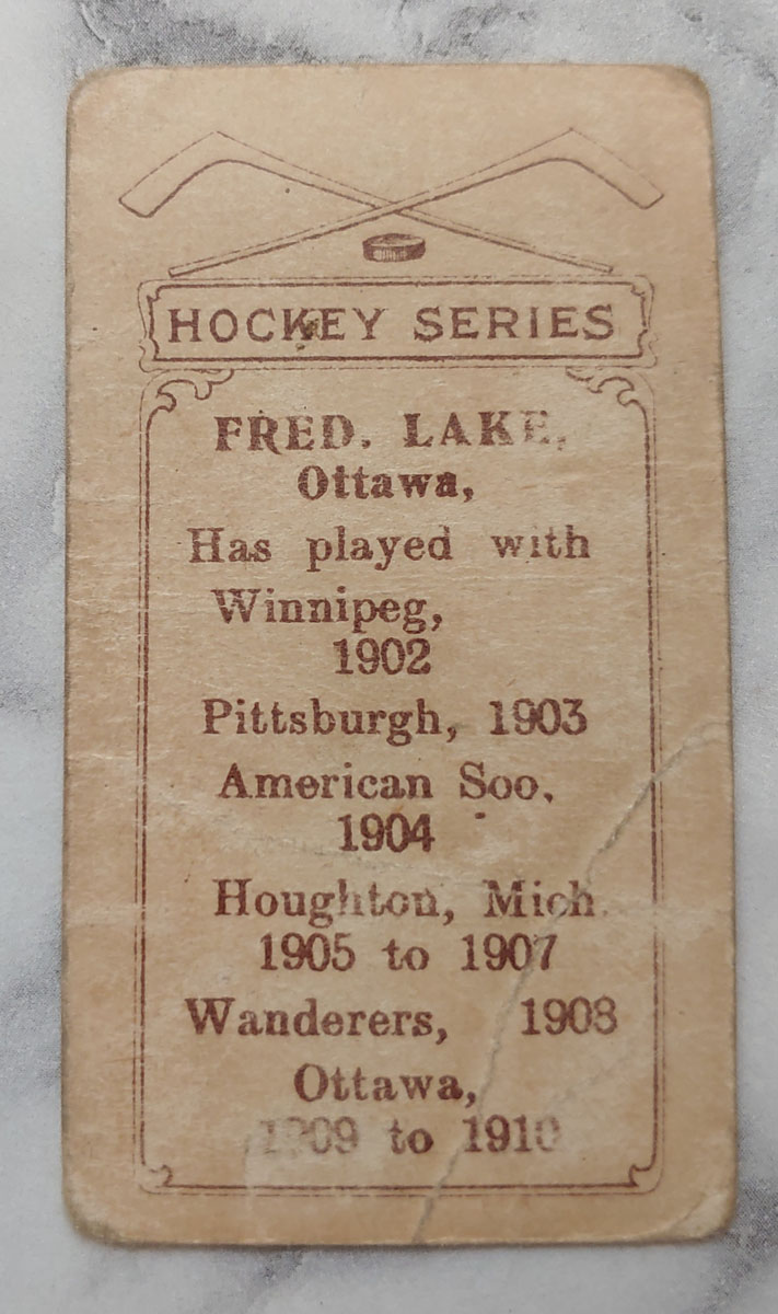 Fred Lake 1910/1911 C56 Ottawa #27 Rookie Hockey Card