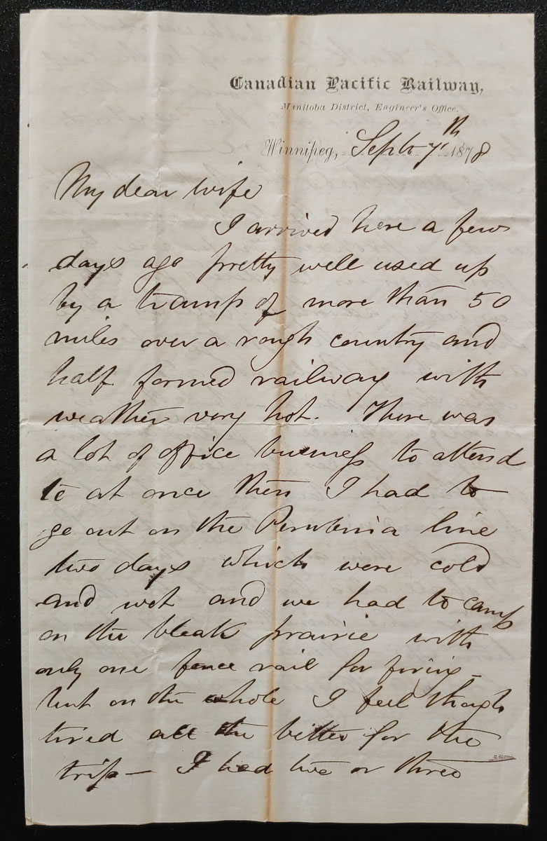 C.P.R. Manitoba District Engineer's Office 7 Se 1878 Marcus Smith letter