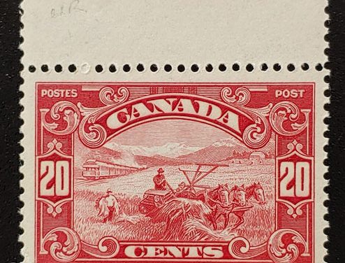 Canada #157 XFNH 1929 20c top margin Harvester