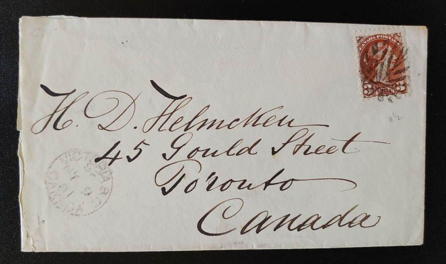 Victoria, B.C.1881 3c SQ Fancy Leaf Helmcken Cover, ex Wellburn