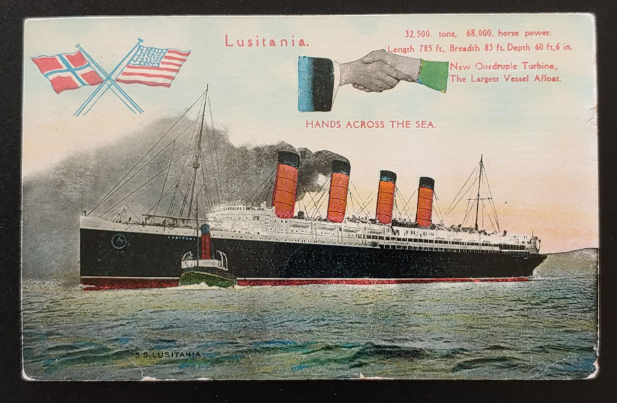 S.S. Lusitania 27 Fe 1910 1d Hands Across the Sea Postcard to Cda