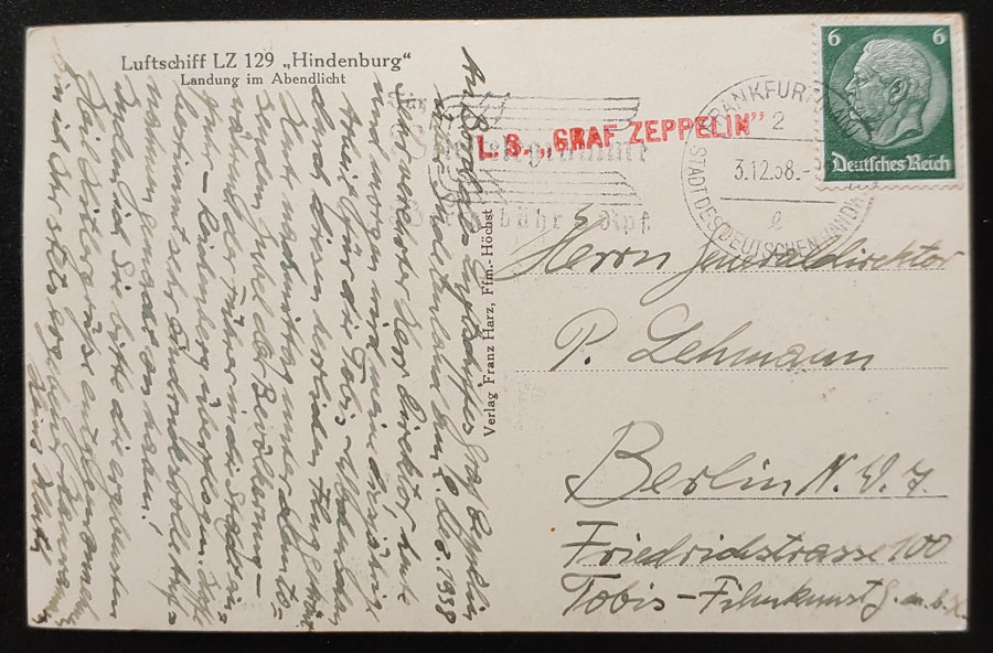 Germany 3 Dec 1938 6pf Graf Zeppelin RPPC
