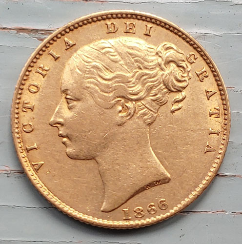 G.B. VF+ 1886 Shield Type Die 47 Victoria Gold Sovereign, die crack