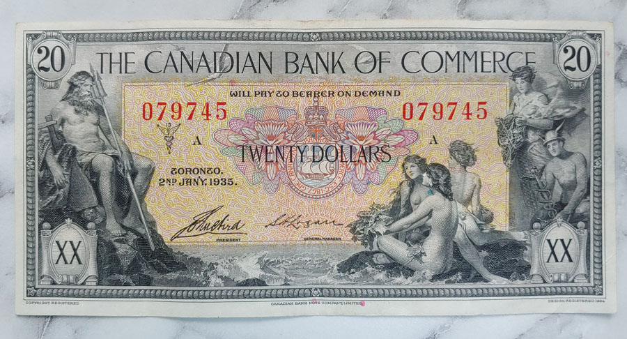 Cdn Bank of Commerce Fine+ 1935 $20 Banknote $175+