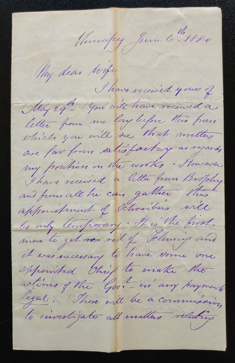 Winnipeg 6 June 1880 Marcus Smith 4 page letter to his wife