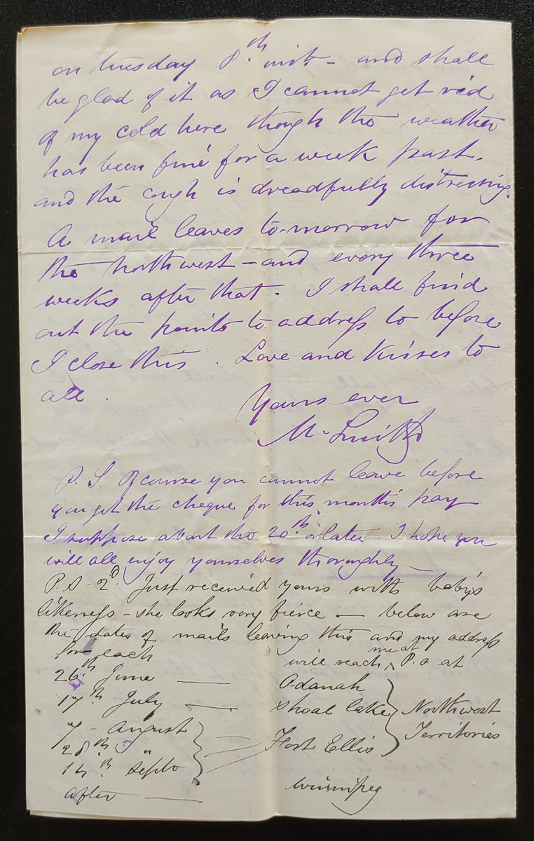Winnipeg 6 June 1880 Marcus Smith 4 page letter to his wife