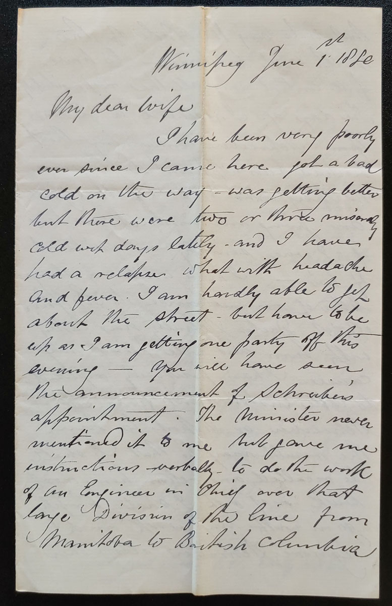 Winnipeg 1 June 1880 Marcus Smith 3 page letter to his wife