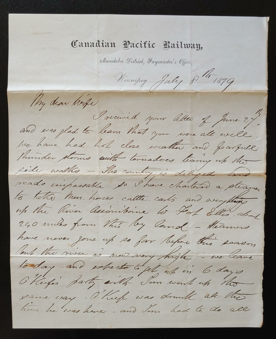 C.P.R. Manitoba District 8 July 1879 Marcus Smith Letter to his wife