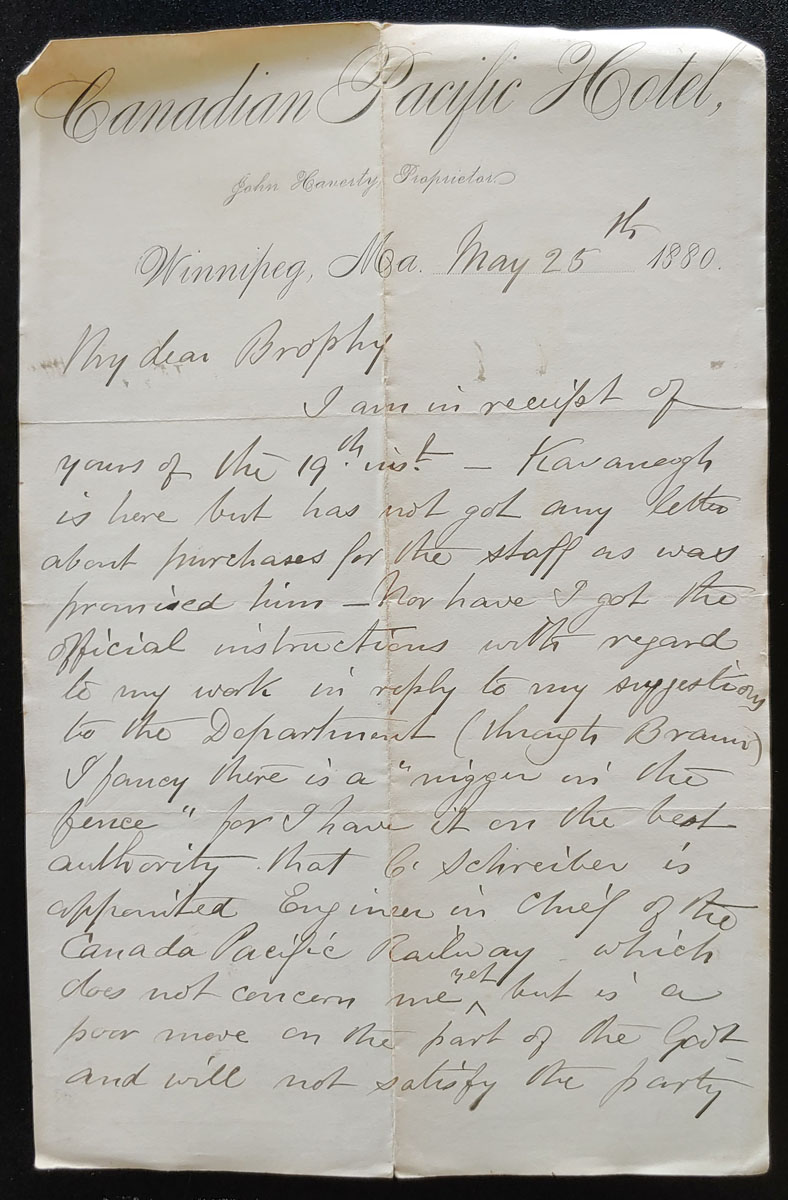 C.P. Hotel Winnipeg 25 May 1880 2pg Marcus Smith Letter to Brophy