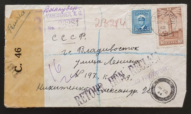 Vancouver, B.C. 11 Dec 1942 15c returned Reg. Russian Dead Letter