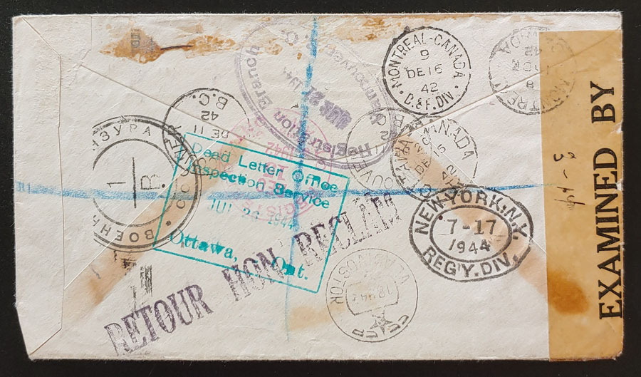 Vancouver, B.C. 11 Dec 1942 15c returned Reg. Russian Dead Letter