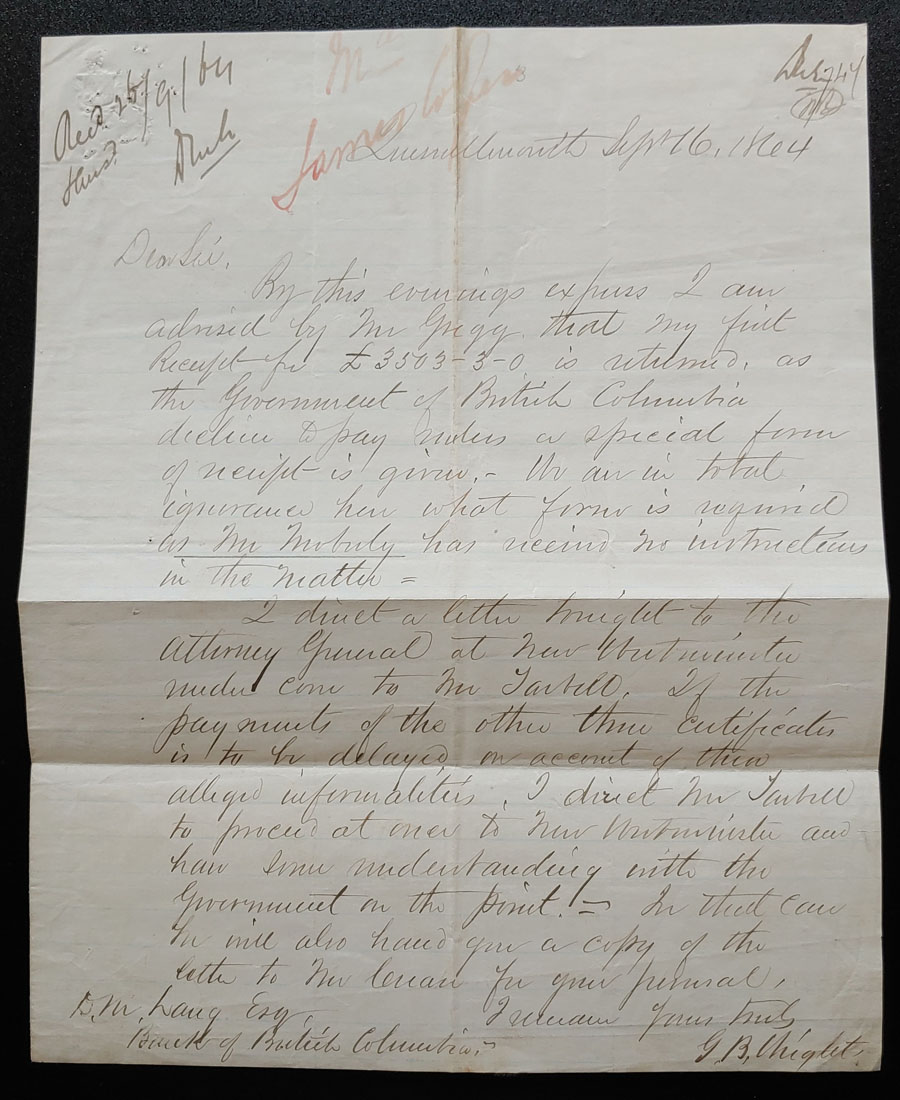 Quesnellemouth 6 Sep 1864 G.B. Wright Letter to Lang etc ex Wellburn