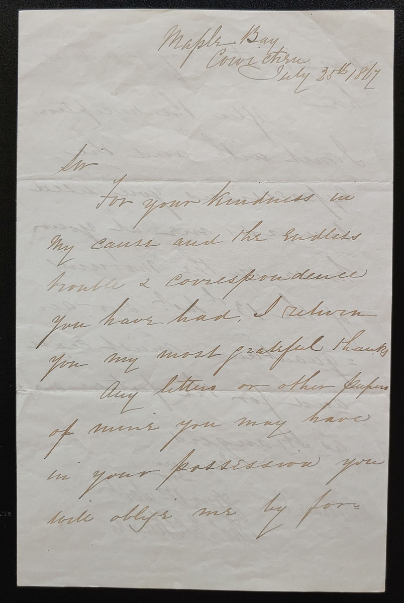 Maple Bay, B.C. 25 Jl 1867 T. Skinner Letter to H. Crease, ex Wellburn