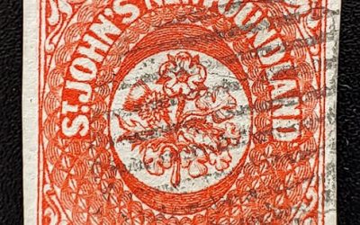 Newfoundland #4 Fine Used 1857 4d Scarlet Vermilion, tear