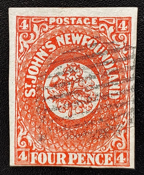 Newfoundland #4 Fine Used 1857 4d Scarlet Vermilion, tear $4000