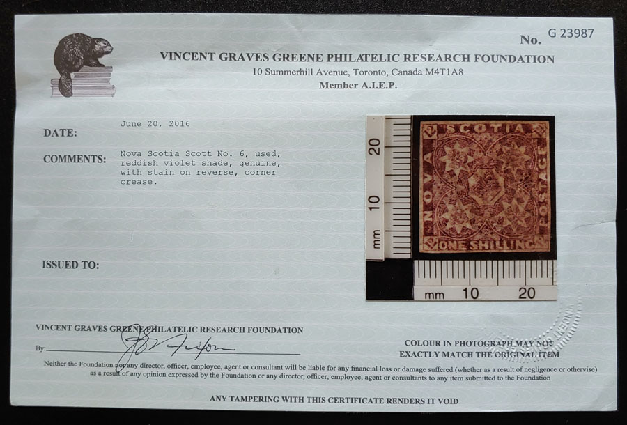 Nova Scotia #6 VF Used 1857 1/- Reddish Violet, corner crease $7000