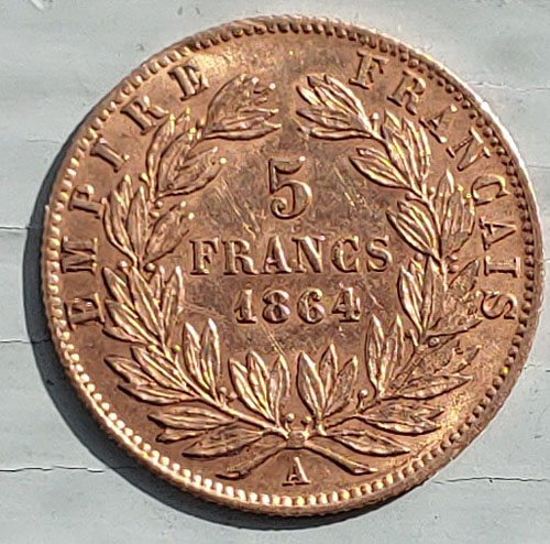 France XF 1864A Napoleon III Gold 5 Francs, mt mark .0467oz AGW