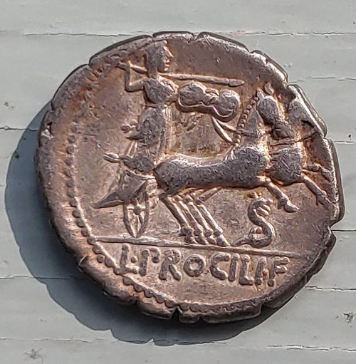Roman Republic 80 BC L. Procillus 3.77gm Silver Denarius w/ Juno Sospita, wearing a goat's skin headdress, with S C behind. test cut