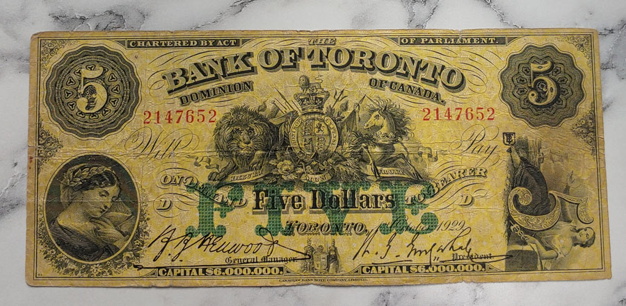 Bank of Toronto VG 1929 $5 Bill, pinholes, trifle edge tears $125