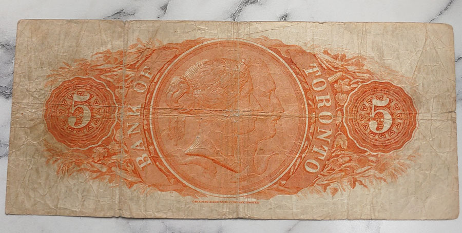 Bank of Toronto VG 1929 $5 Bill, pinholes, trifle edge tears $125
