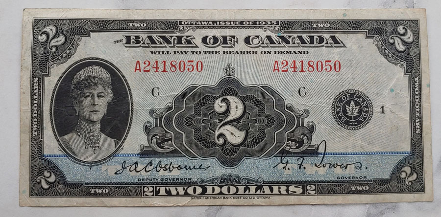 Canada #BC3 Fine 1935 $2 Queen Mary Banknote $200
