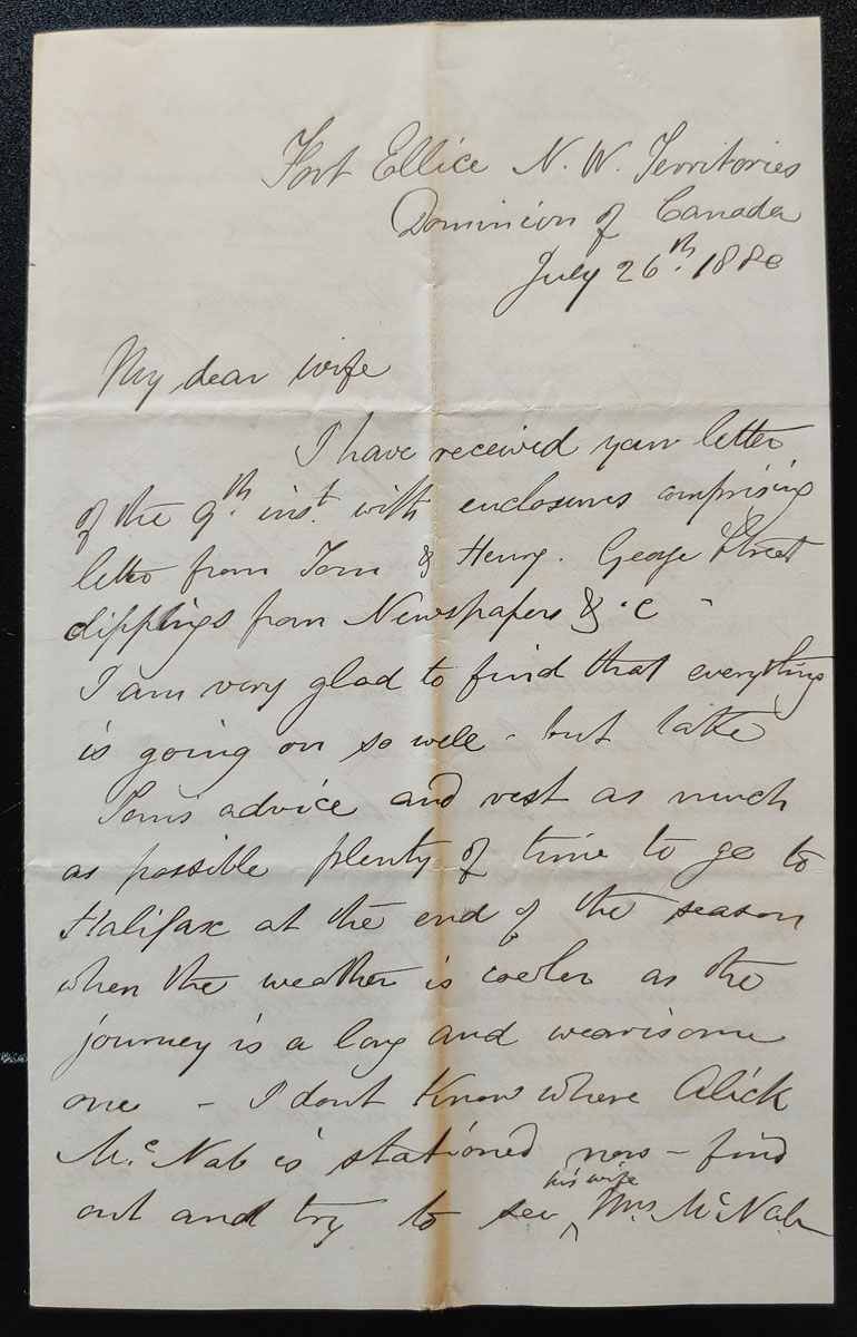 Fort Ellice, N.W.T. 26 July 1880 4-page Marcus Smith letter to his wife