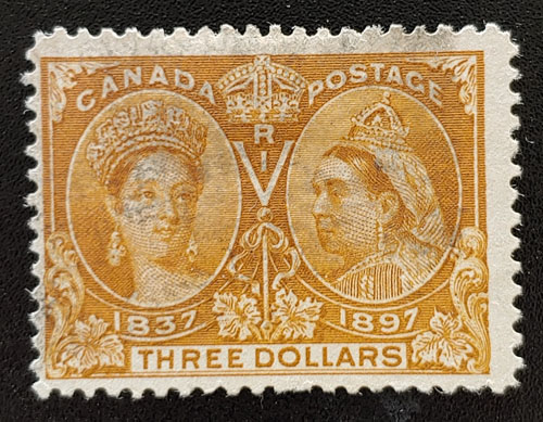 Canada #63 Fine smudge Used 1897 $3 Jubilee, perf cc $800