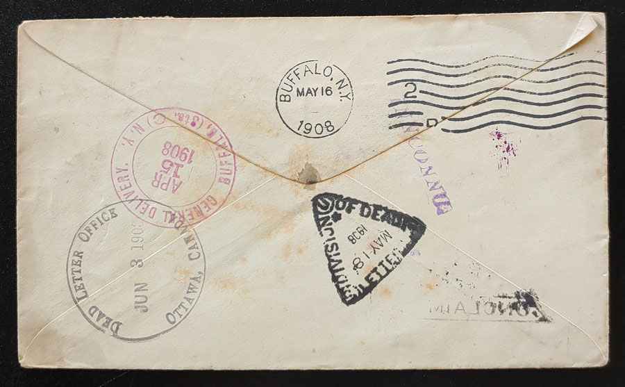 Canada #89 13 Apr 1908 2c U.S. & Cda dual Dead Letter